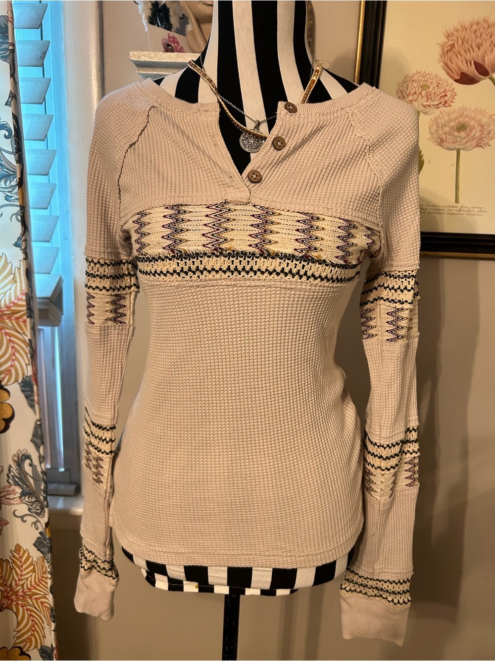 BDG Beige Knit Henley with Multicolor Aztec Trim